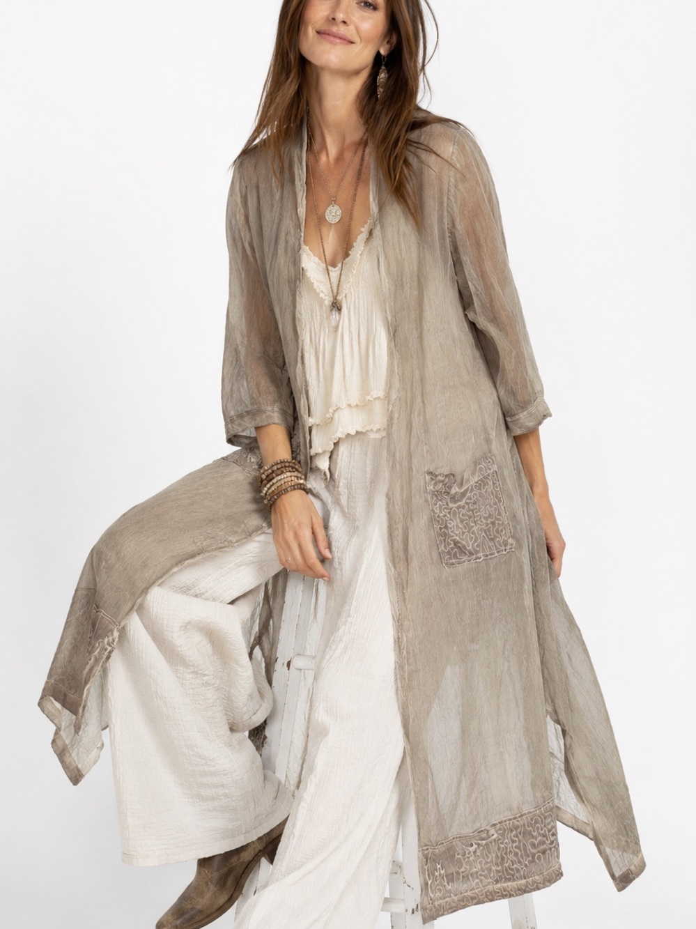 100% Silk Lagenlook Sheer Duster L/XL Embroidered Boho Art to Wear Cardigan
